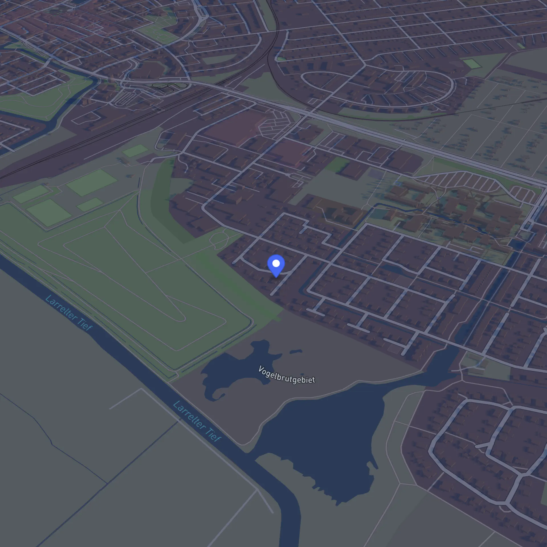 3D-Karte mit Vogelbrutgebiet, Larrelter Tief und blauer Markierung.