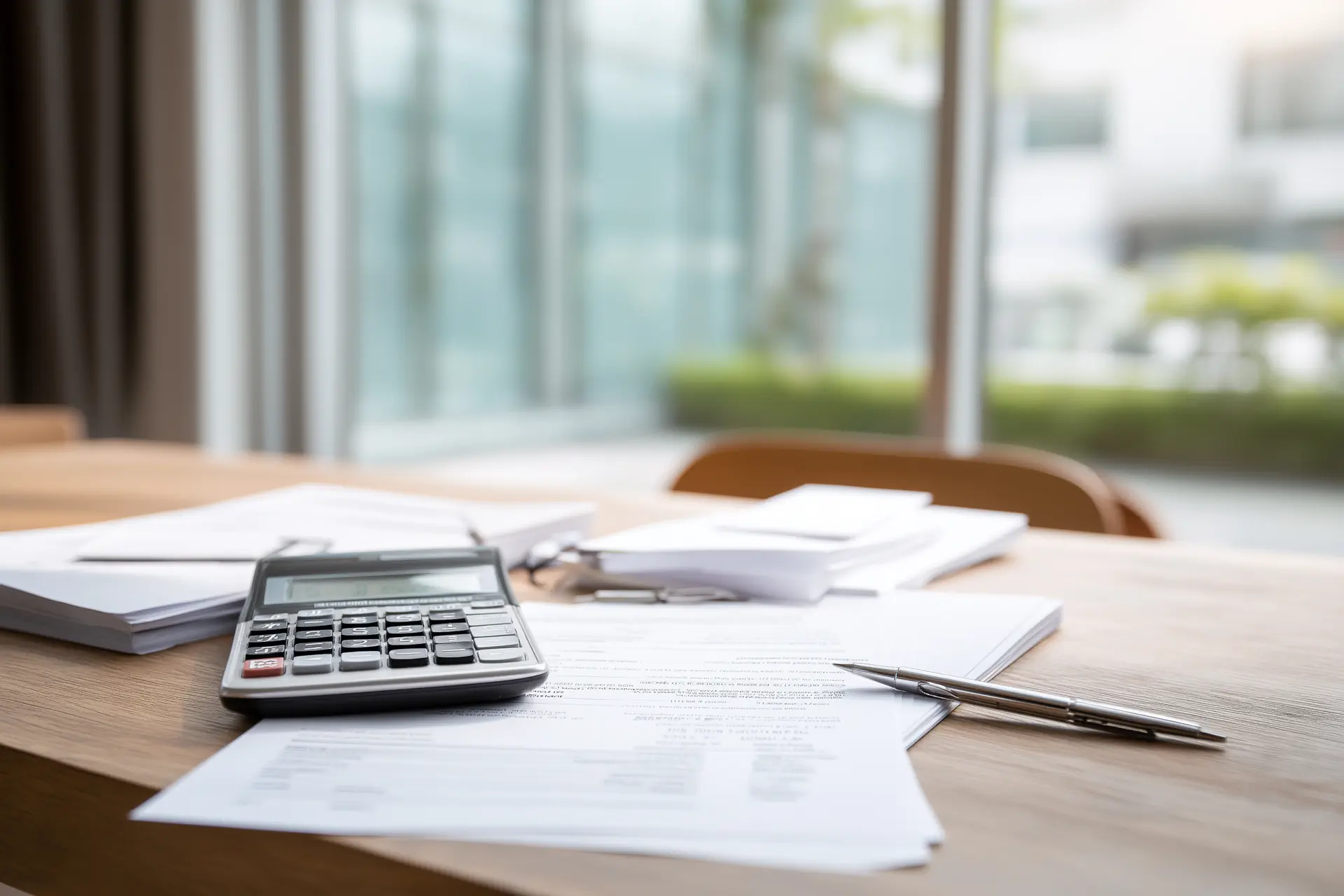 Taschenrechner und Stift auf einem Schreibtisch mit Dokumenten, Fenster im Hintergrund.